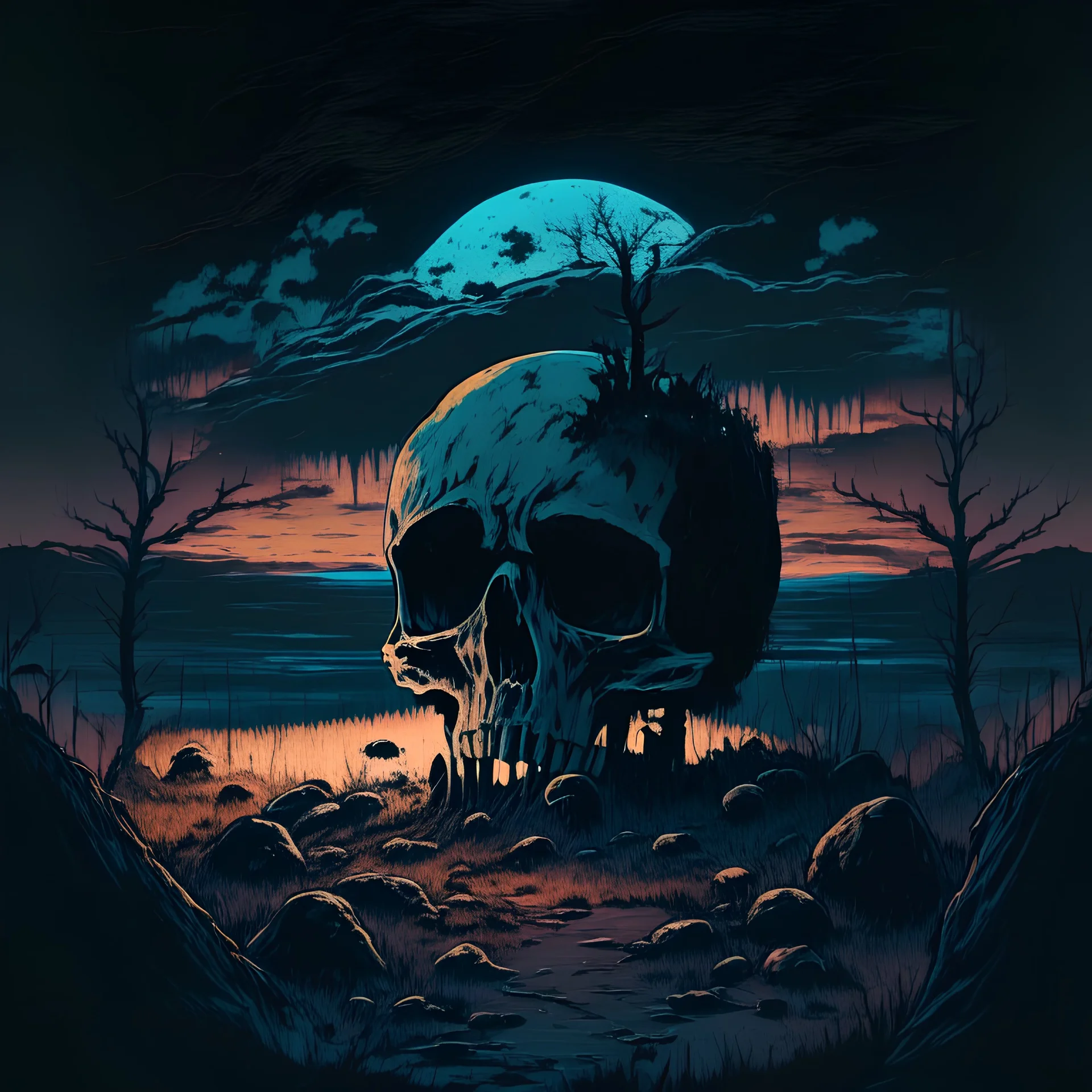 a skull in a desolate night landscape with mushrooms, semi-realistic, drawing, dark, old, abandoned, art, painting, anime style