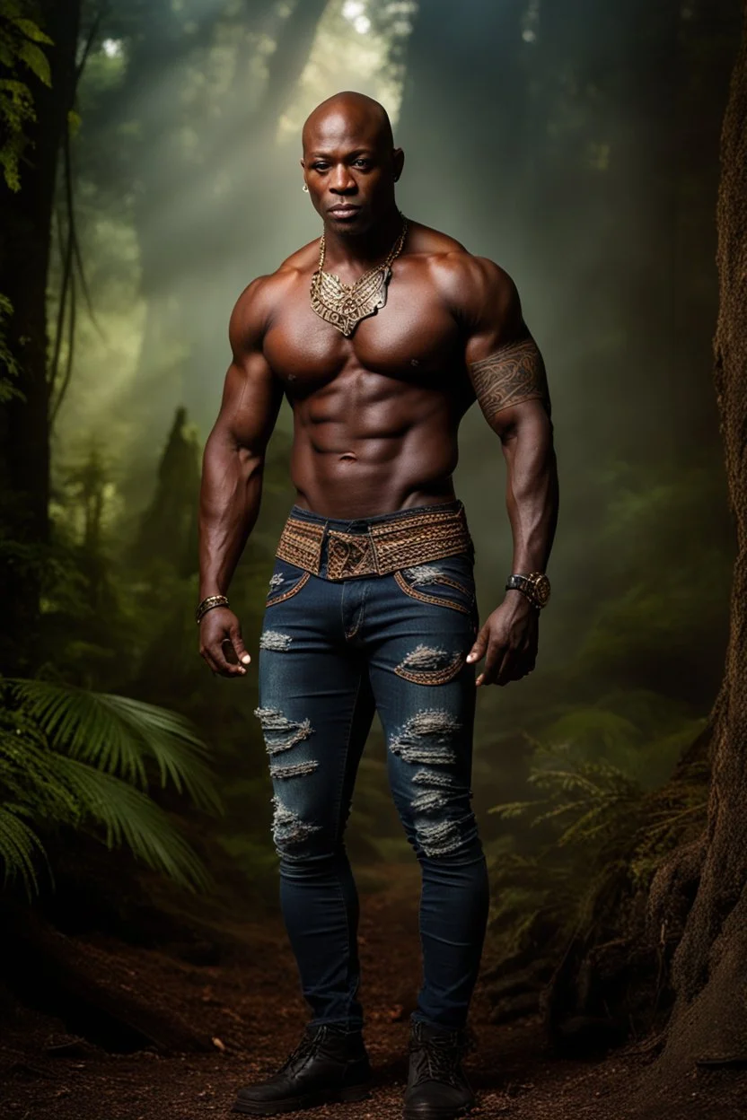 Alimi Ballard Very muscular man bald with tribal tattoos wearing jeans and a teeshirt, fantasy, forest backdrop