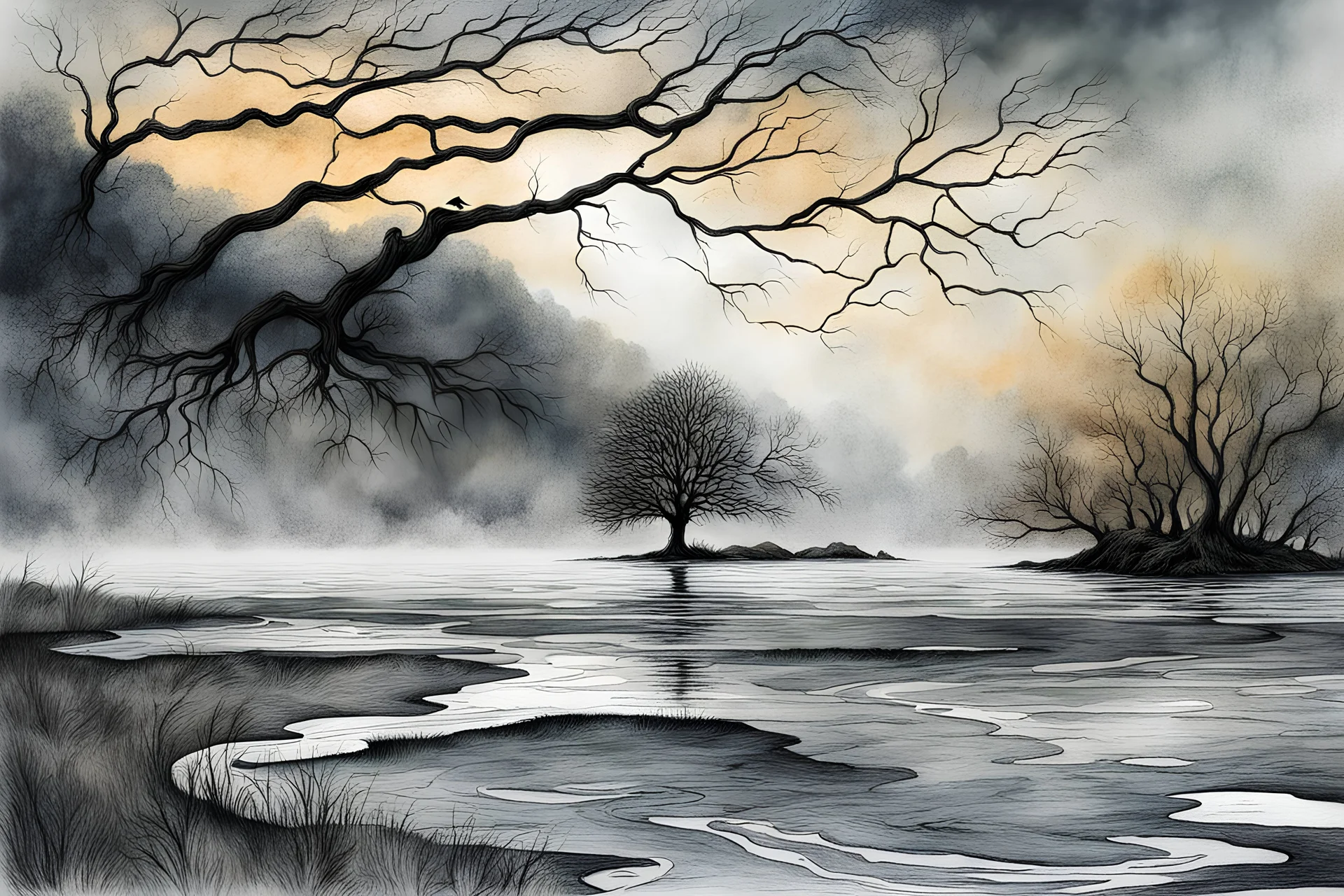 Illustration of a lonely dark tree with barren branches stands on a water's edge, , fog, crows in the sky, hypercontrast, strong colors, timelessness and dying, mystical landscape, pencil drawing