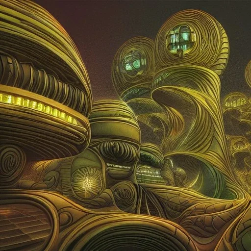 biomorphic alien city with lighting, foto-realistic,TG, 8k, art by HR Gigerand M.C. Escher.