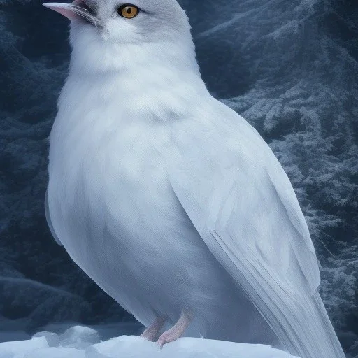 smooth hyper realistic, beautiful Japanese snow bird in crown, pale colors, dark cosmos background, cat еye, extremely sharp detail, finely tuned detail, ultra high definition, 8 k, unreal engine 5, ultra sharp focus, accurate sword wings, positive smile, lot of details, fit within portrait, Ambiance winter, perfect composition, perfect hair, perfect hands, finger up gestures