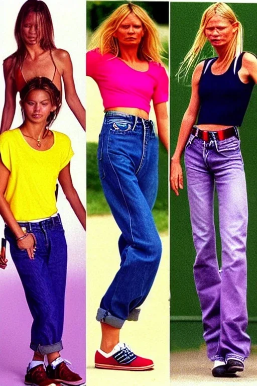 year 1996 denim fashion. Loose fit, low waist, baggy. Colors: denim blue, blue, purple, khaki, light green, lilac, plum, orange, terracotta, red, light yellow, lion yellow, pink, dark blue, beige. Women models. Jennifer Lopez, Kate Moss, Gwyneth Paltrow. Big tennis shoes on.