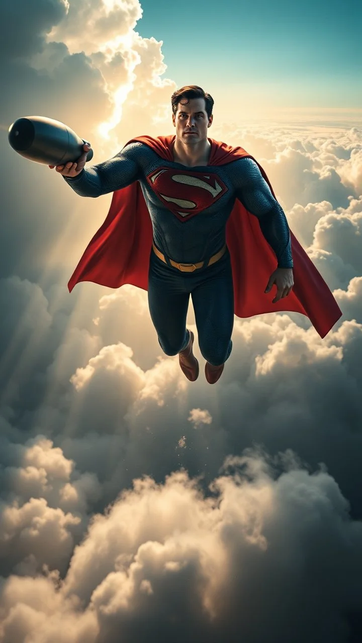 Superman holding a nuke bomb flying above swirling clouds, emerges from the heart of a raging storm. Turbulent winds of steam swirl around the louds lit by shafts of sunlight that cast dramatic shadows on the strong body High quality 16k cinematic scene and great photography