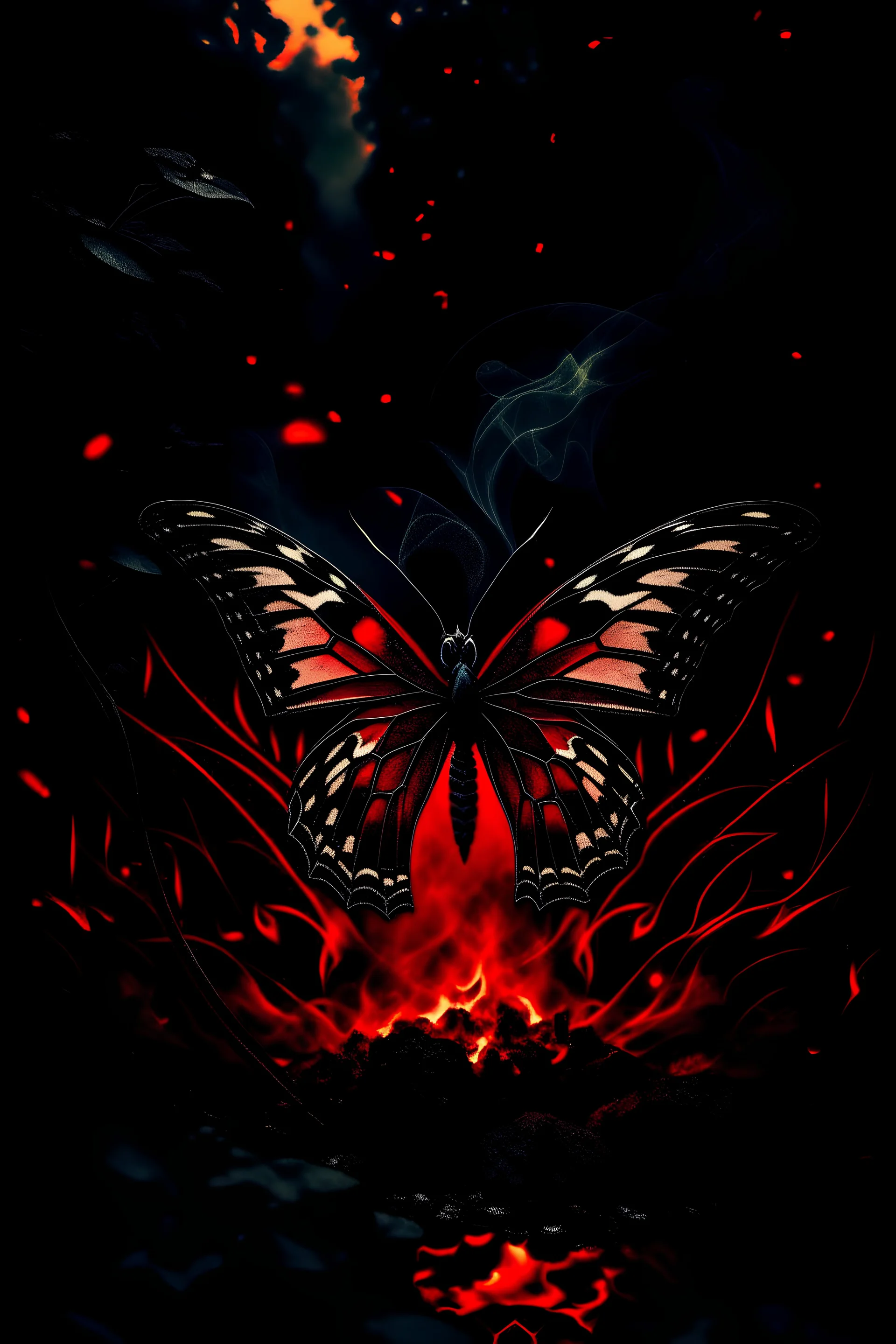 Butterfly, calm, smoke, light, by Mysteria, made by Mystria, remixing, trending, magical, red and black, bio luminence, intricate, wood, moonlight