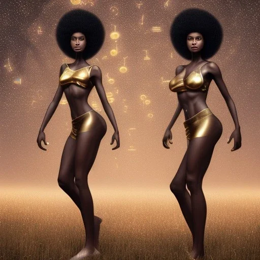 Biologically Female sexy African American Twins, black skin, tall and slender, long afro kinky hair,big brown eyes, long eyelashes warrior wear. Big butts. Gold accents on clothing. Surround by trees. Holding golden spears. Starry night