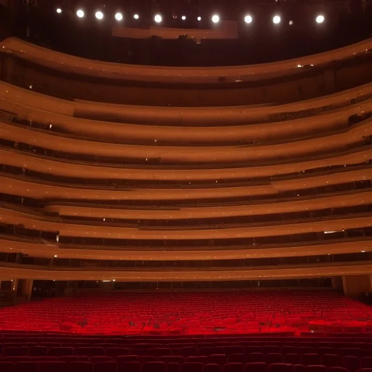 a single chair on stage under spotlight at a dark and empty symphony hall as seen from stage