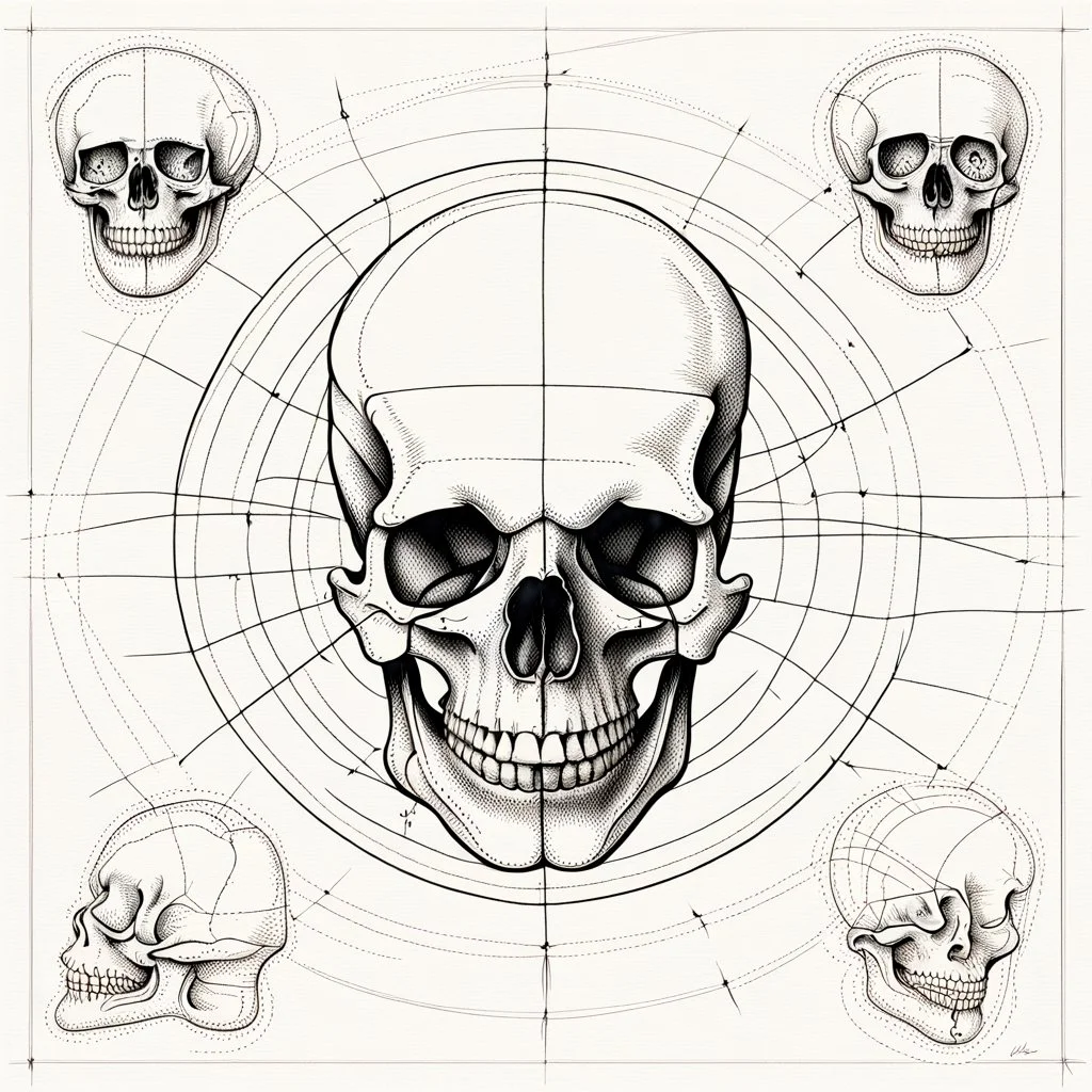 ANATOMICALLY CORRECT SKULL OF A SMILEY FACE hand drawn by davinci with fine line