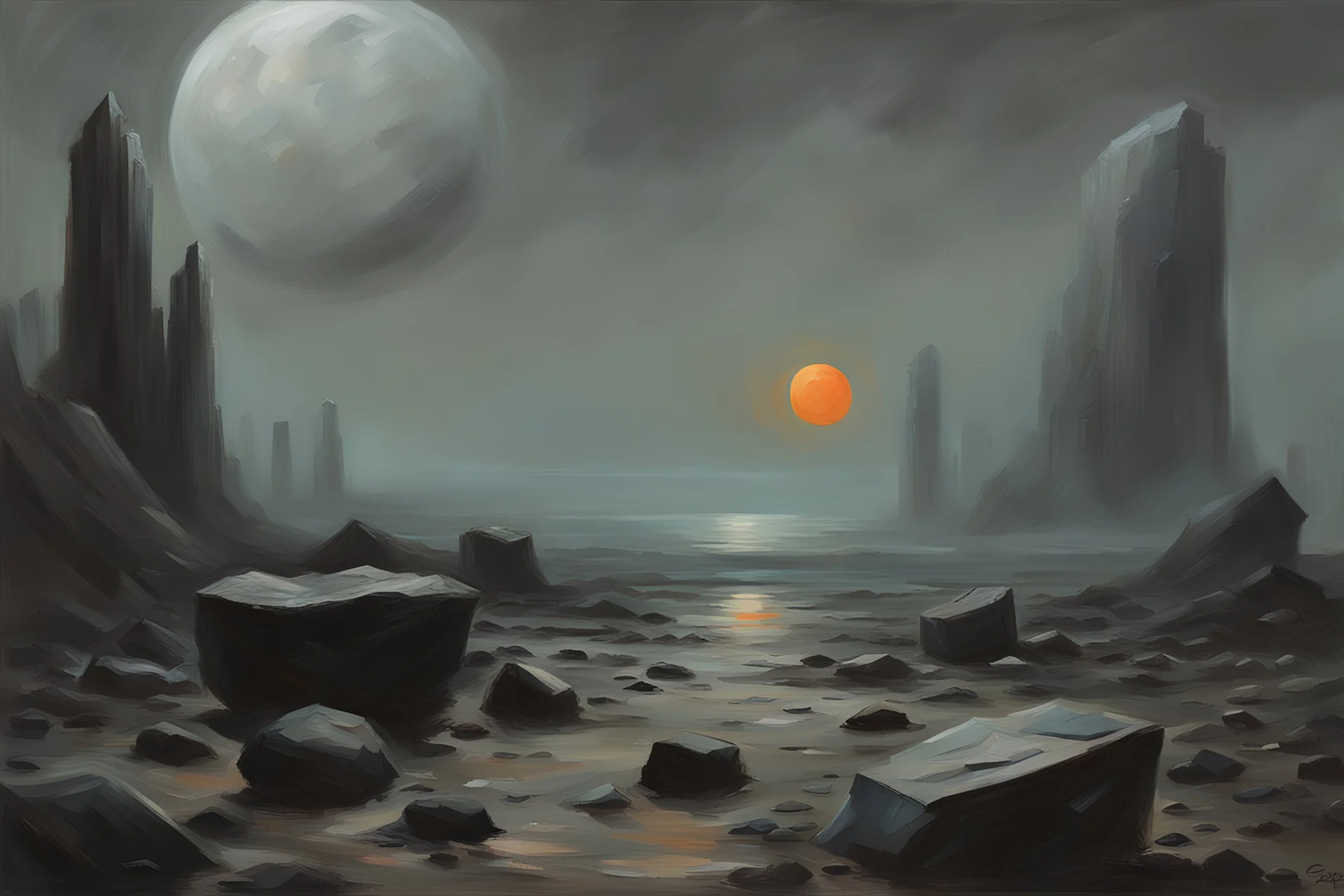 Grey sky with one exoplanet in the horizon, rocks, mountains, 80's sci-fi movies influence, friedrich eckenfelder impressionism paintings