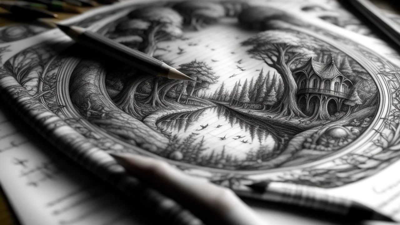 pencil sketch, relaxation, luxury, dream world, calm beauty, symmetry, fantasy world, magic, beautiful composition, exquisite detail, 28mm lens