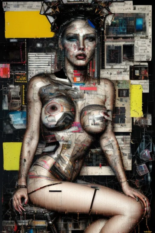 Ultra detailed medium portrait painting of a half naked woman sitting on a chair, no nudity, bended over, dark room with little light coming from an open door behind her, torn up collage of clippings, broken circuitry background, matrix effects, punk visual art, punk art aesthetic, graffiti art, pop surrealism, collage art, cluttered paint glitches