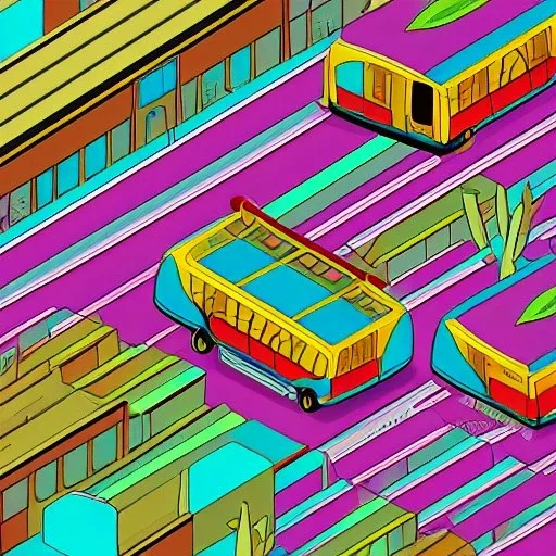 isometric rigid smiling bus with eyes by jim woodring in cartoon style