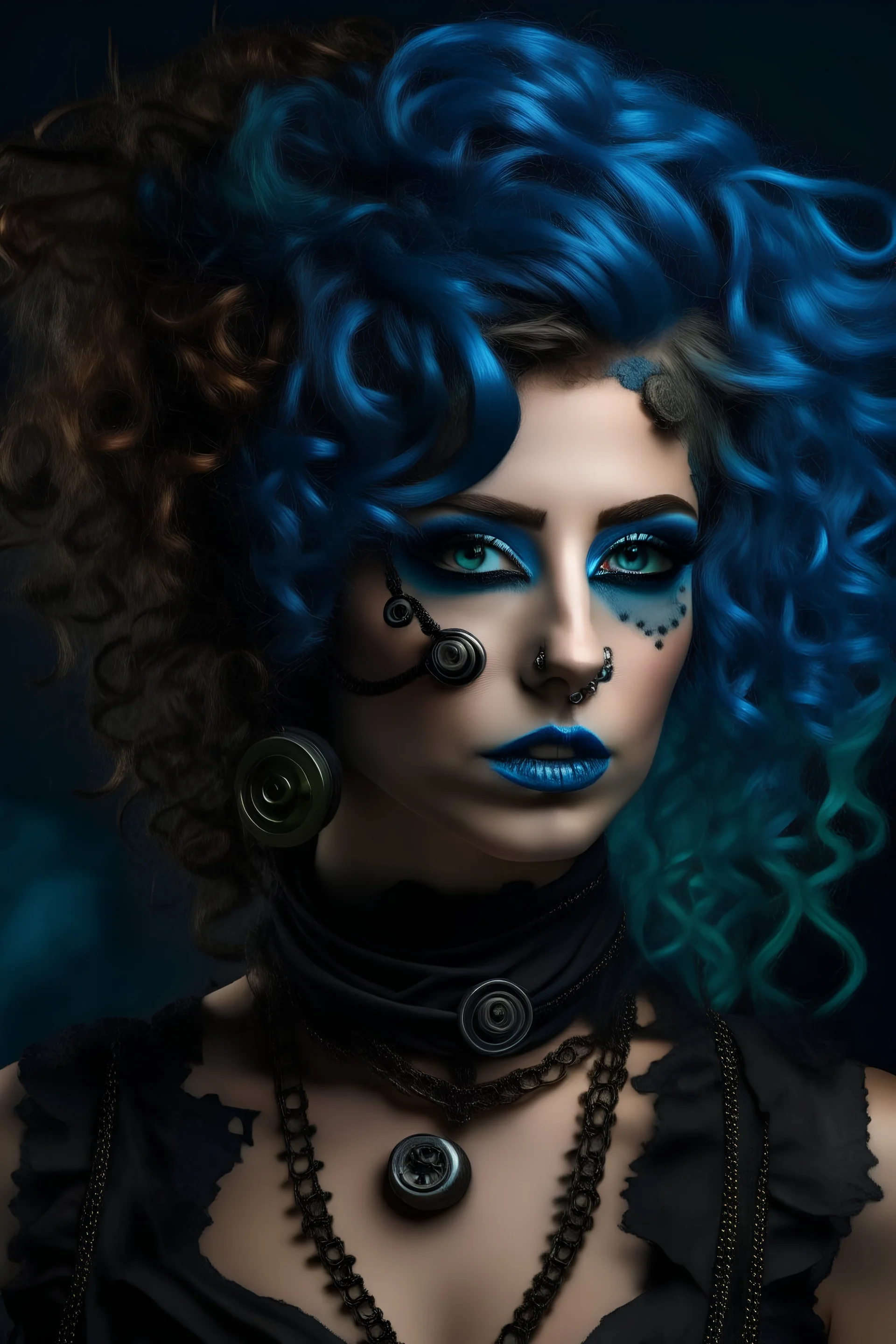 badass steam punk woman with blue curly hair dark makeup