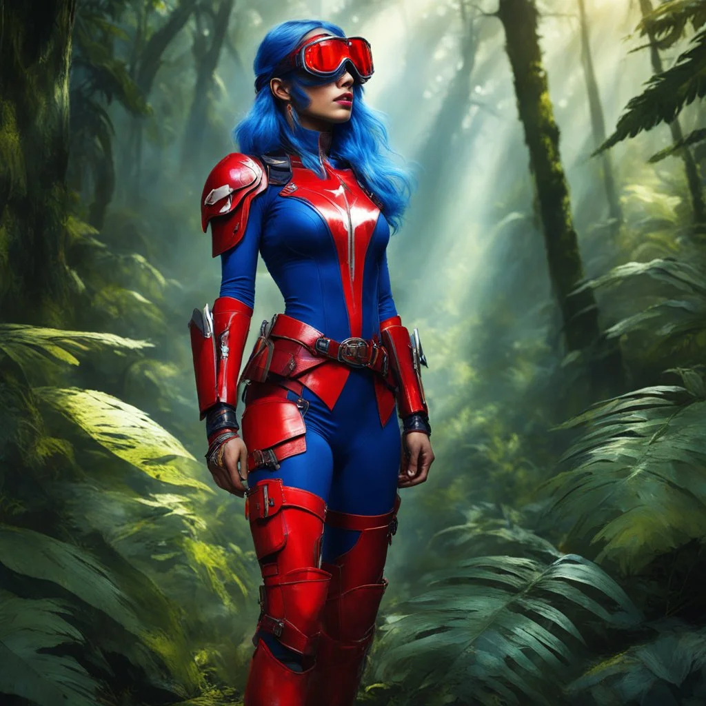 Her blue skin shimmers under the dappled sunlight, blending seamlessly with her surroundings. Those red boots, though, they stand out like a fiery declaration of her indomitable spirit. Equipped with her trusty goggles, she scans the jungle with hawk-like precision. Her keen eyes pierce through the dense foliage, seeking out any signs of danger or opportunity. But it's not just her eyes that are sharp; those ray guns strapped to her corset are a testament to her readiness to defend herself. She'