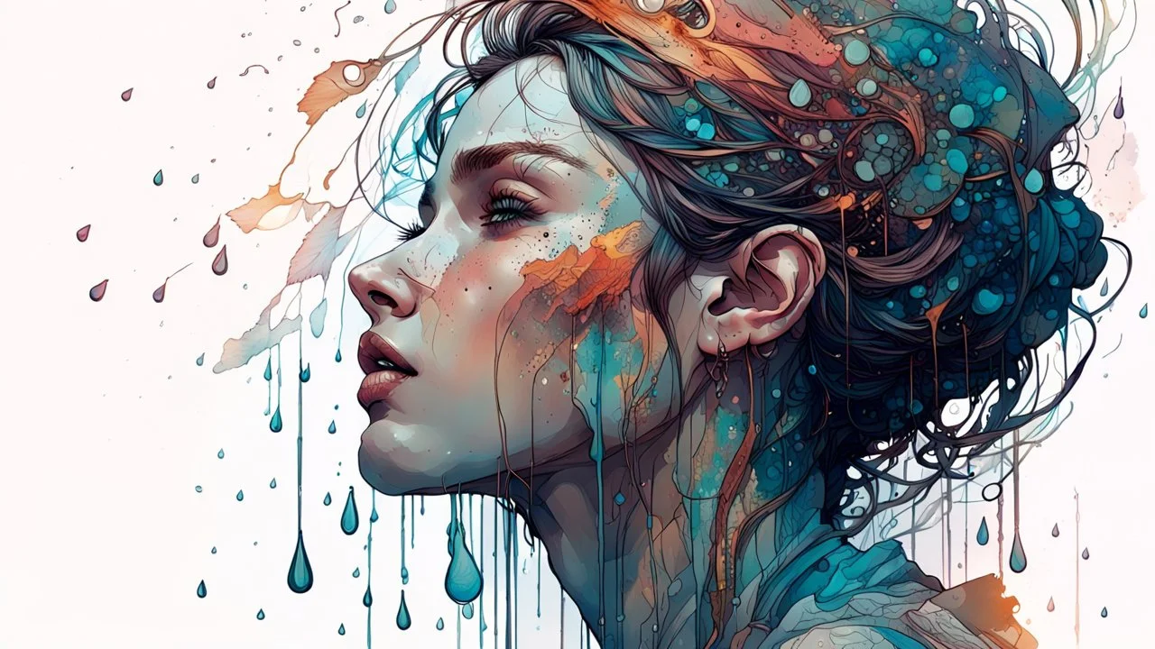 Raindrops on the roof, Pitter-patter lullaby, Cleansing for the soul| dynamic pose |centered| key visual| intricate| highly detailed| breathtaking beauty| precise lineart| vibrant| comprehensive cinematic| Carne Griffiths| Conrad Roset| Anna Dittmann| overcast