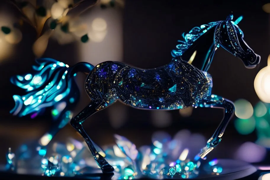 night, dark room, bioluminescent Coloured glass dynamically jumping horse set with gemstones, glittering metal stems and gemstone leaves on a room table sharp focus elegant extremely detailed intricate very attractive beautiful dynamic lighting fantastic view crisp quality exquisite detail gems and jewels S<AI Weight:1 Professional photography, bokeh, natural lighting, canon lens, shot on dslr 64 megapixels sharp focus Weight:0.9