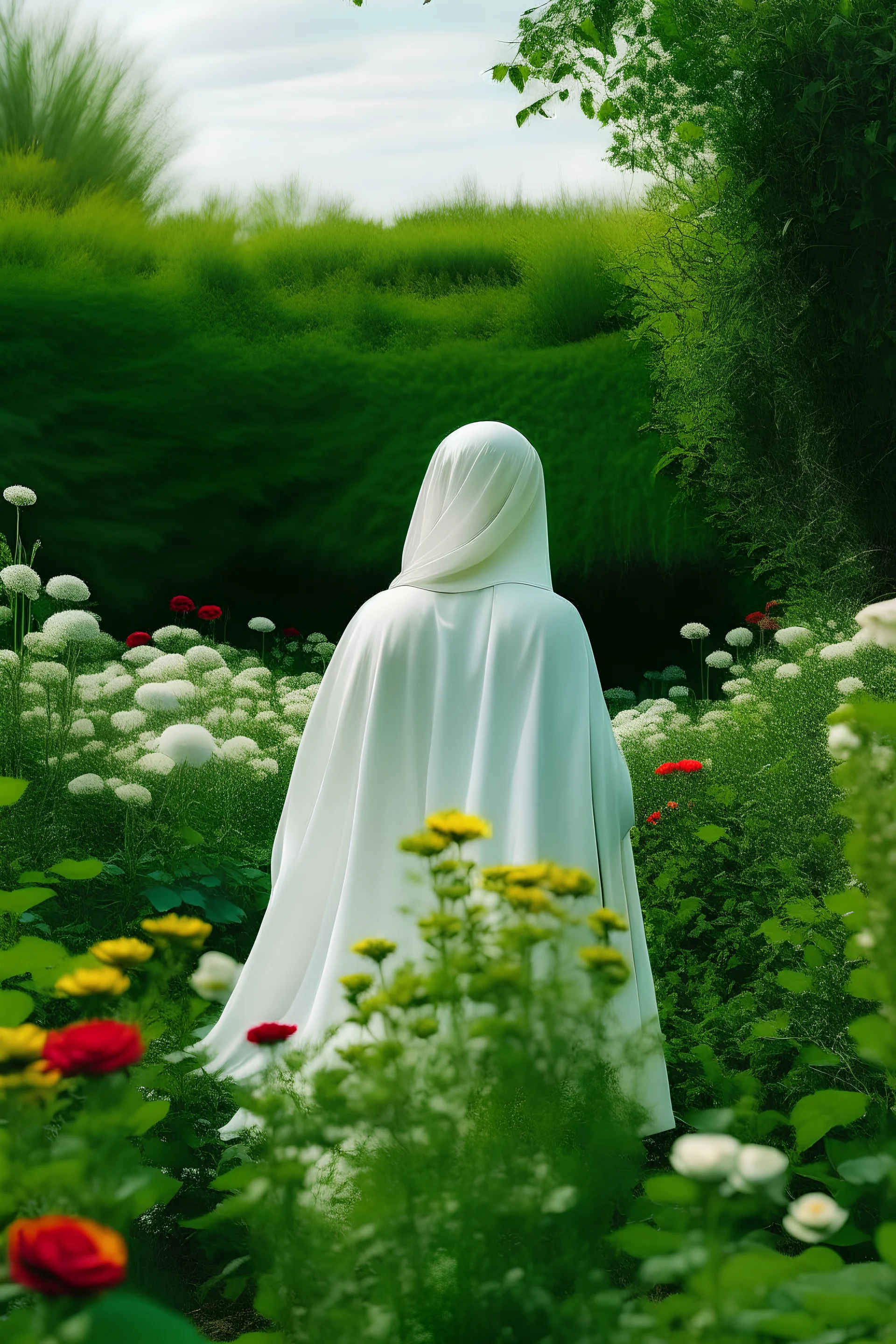 imam with her islamic white abaya and green shawl from behind standing in paradise full of flowers