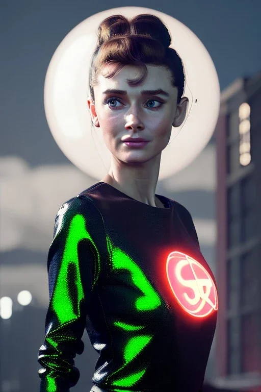 Ultra Realistic retro sci-fi scene, portrait, brunette woman, sweet young Audrey Hepburn face, perfect iris, glow eyes, makeup. Aliens background, Retro sci-fi style, helmet, tight latex coat, fog, rain, soft color, highly detailed, unreal engine 5, ray tracing, RTX, lumen lighting, ultra detail, volumetric lighting, 3d, finely drawn, high definition, high resolution.