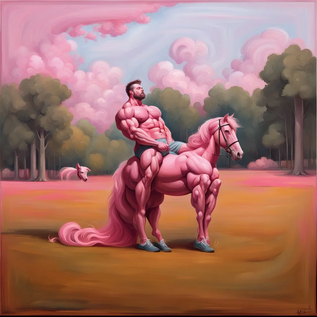 a big muscle man sitting on a pink horse.like 19th painting