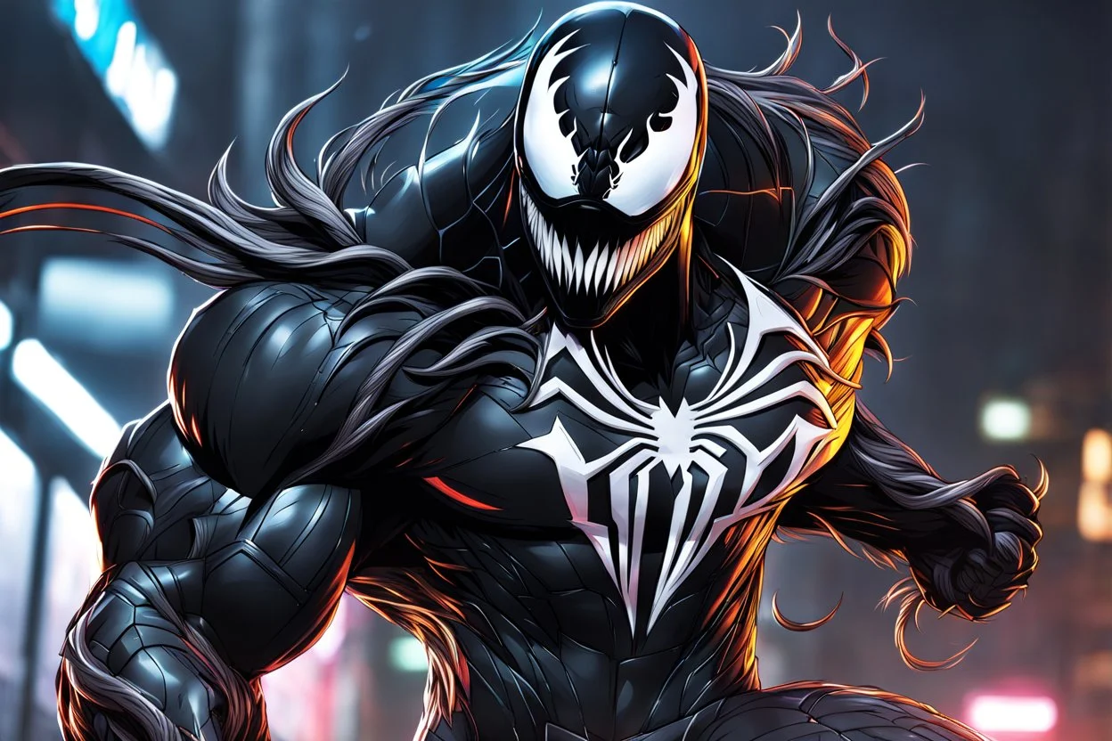 Venom 8k anime sci-art drawing style, suit 1800 costum , neon effect, close picture, snow, apocalypse, intricate details, highly detailed, high details, detailed portrait, masterpiece,ultra detailed, ultra quality