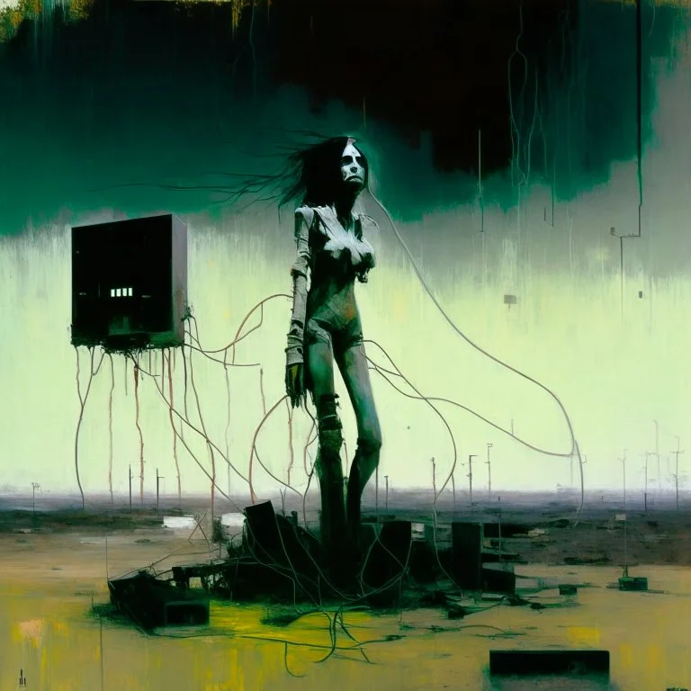 Dystopian future women with a twisted body falling with retro monitor head and handing wires. In desolate landscape low horizonline at night. With a concrete decaying blocks. Abstract oil painting in style of Justin Mortimer and Phil Hale