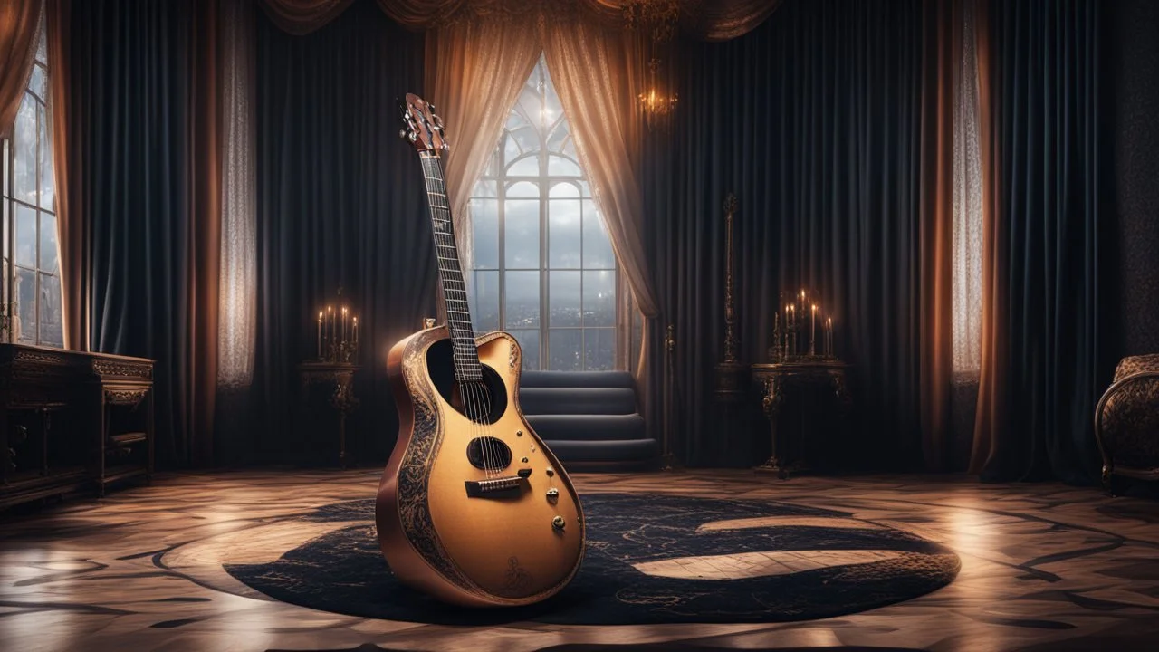 Hyper Realistic extremely-fancy-guitar standing on a floor of a fancy castle lounge with beautiful windows & velvet-curtains-with-musical-notes-printed-on-curtain at dark night with dramatic-&-cinematic-ambiance