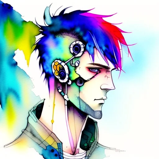 Male cypebpunk character connected to AI exploring other AI - Watercolour and Watercolour Painted Style - Jenny Rainey Style