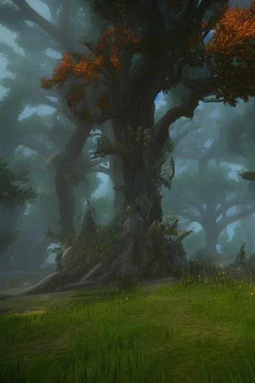 world of warcraft, r crumb, scenery, unreal engine 5, rtx, warcraft 3, ashenvale, teldrassil, unreal tournament, dues ex videogame,mmo, 2004, overcast, misty, cloudy, flowers