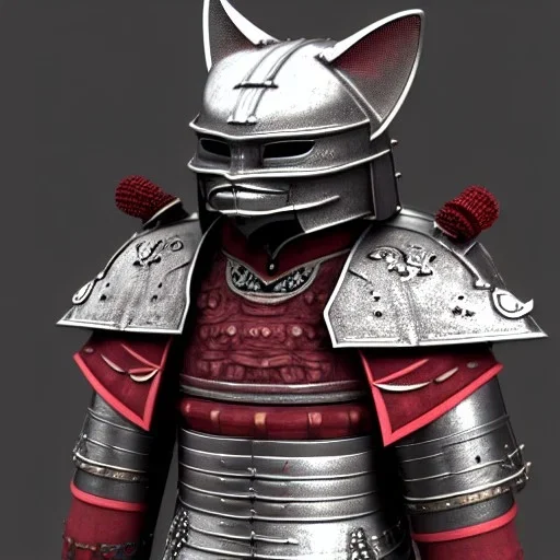 Modélisme trois dimensions, chat, anthropomorphique, habillé comme un samurai, armure très détaillé, armure rouge, armure argent