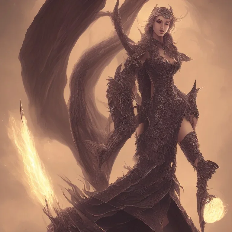 Beautiful sorceress with full body detail fighting a huge dragon