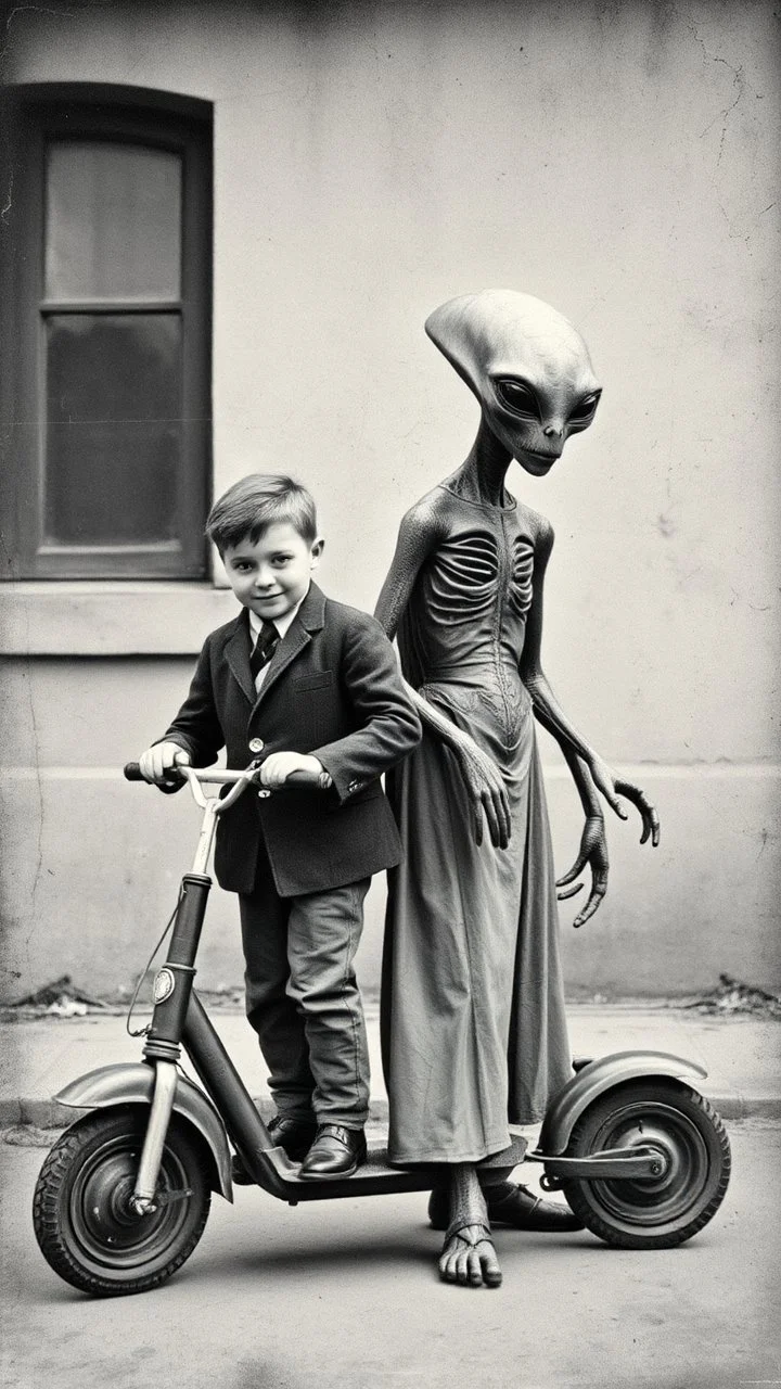 An old picture style of black and white mono very bad quality looks very old camera picture with cracks of a boy on mini scooter dressed like student standing beside an Alien creature that is dressed like a man , year 1900
