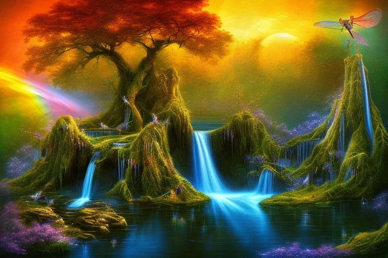 island waterfall bubble spring dragonfly sunset rainbow old tree