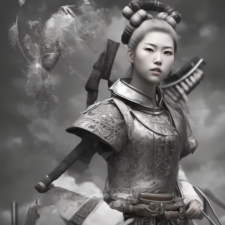 Portrait of wonderful japanese woman samurai,big boobs,realistic, high detail, volumetric lighting, tiny features, intricate detail,volumetric clouds