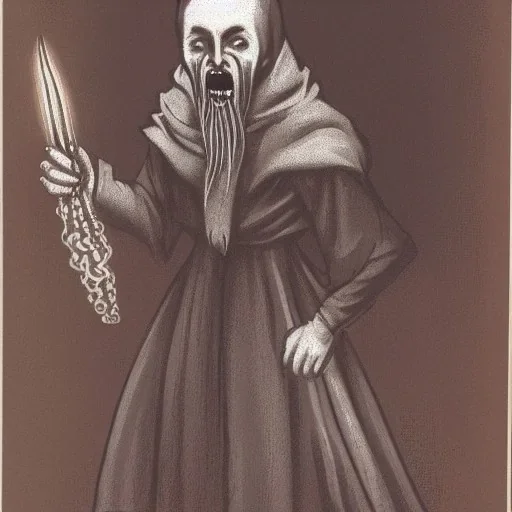 Vampire with yellow eyes with fleshy tentacle beard grey skin and fangs and vampire bat nose as a Russian Orthodox