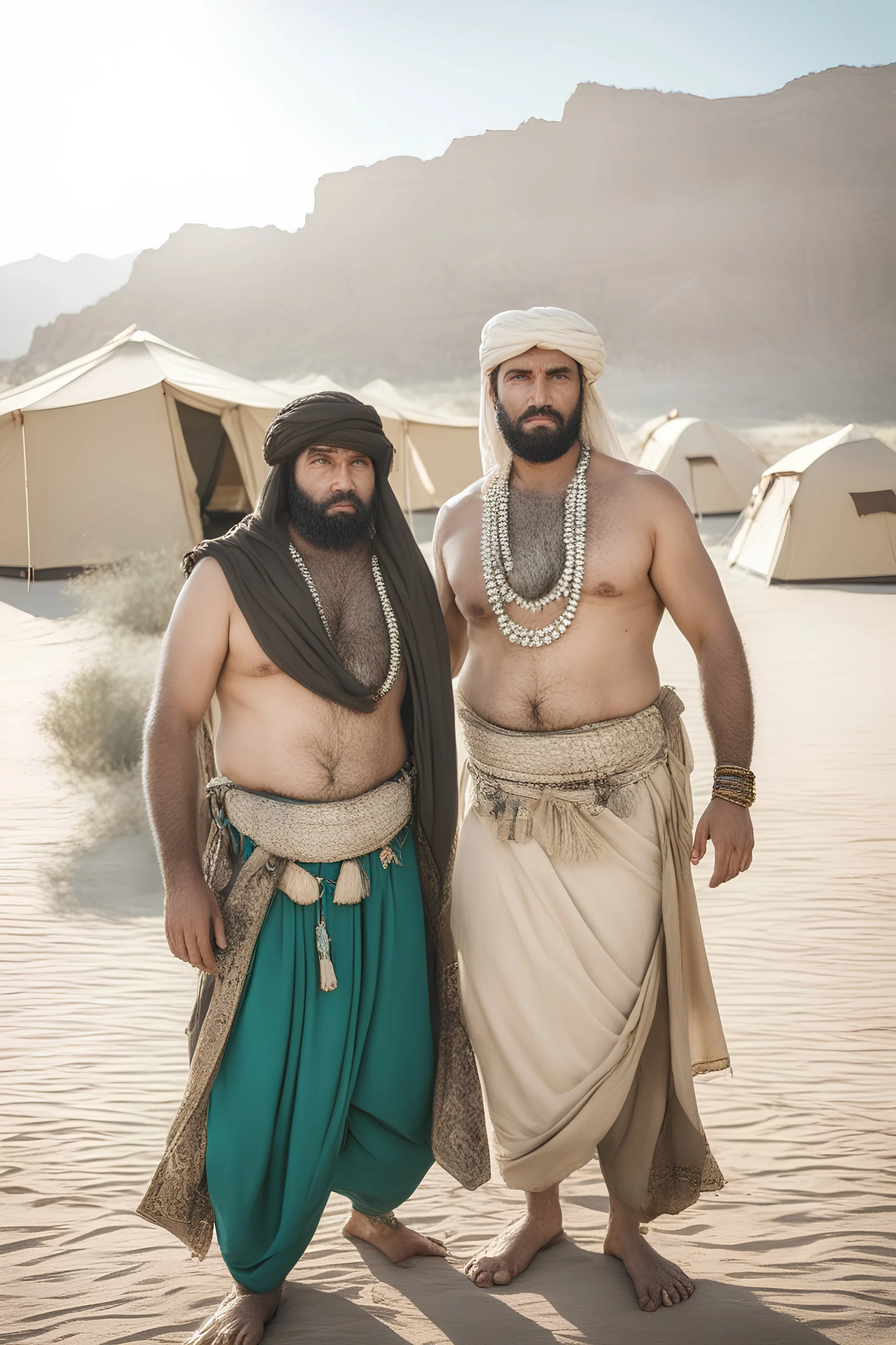 full figure photography of two serious ugly brawn 35-year-old burly beefy bullneck arabs tourist guides wearing bulging traditional trousers, shirtless, big shoulders, hairy chest, manly chest, with very bushy eyebrows, photorealistic, sunlight, ambient occlusion, strong side light , inside a camping tent in the desert