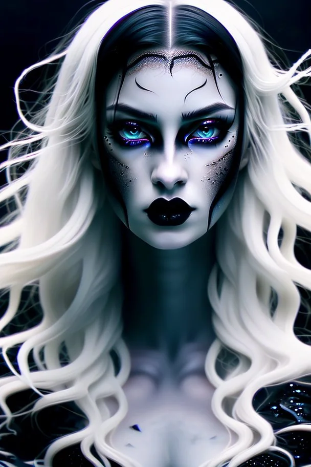 A beautiful Goth girl, dark black makeup, dark under eyes, white hair, action image of her braking water surface, freedom, dramatic, highly detailed, 8k, abstract