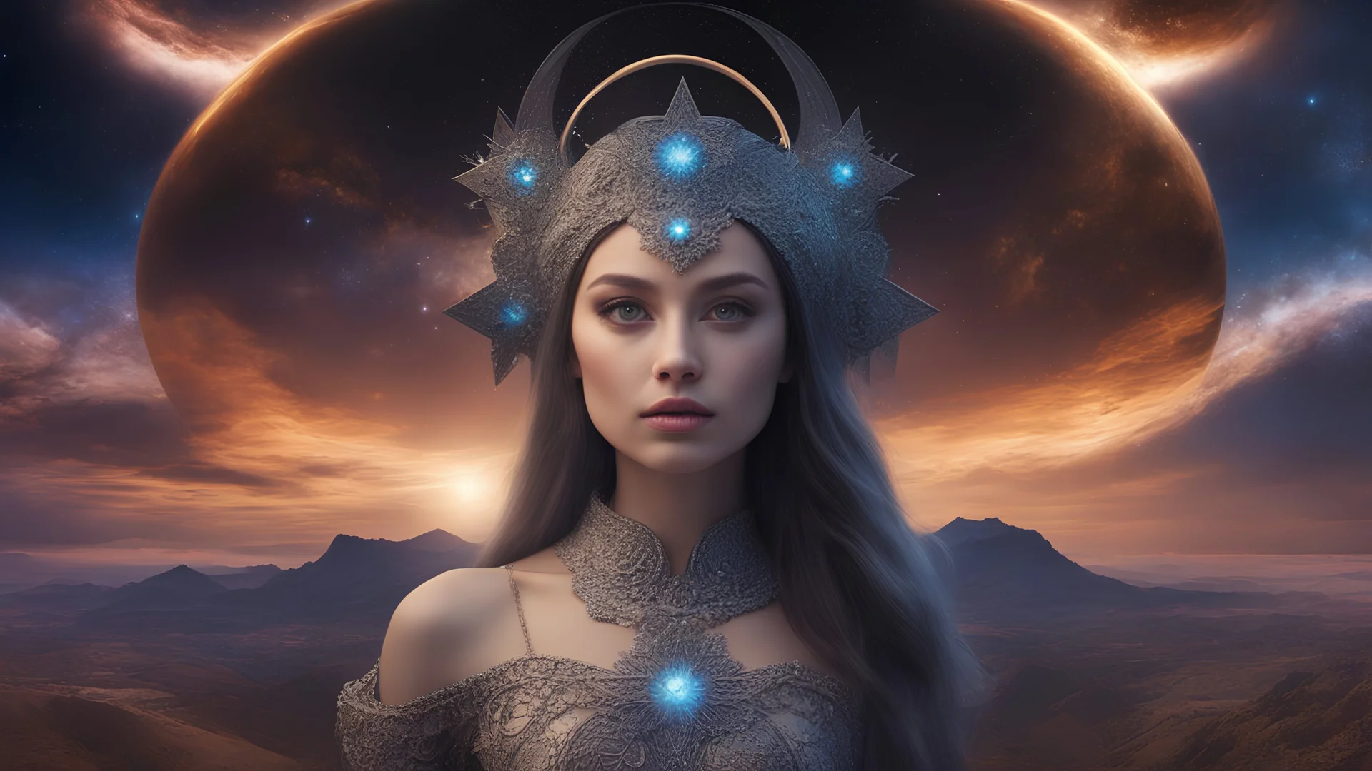 Star-crossed destiny: Is she drawn to certain people or places by the alignment of the stars?, incredibly beautiful Ukrainian girl, attractive average athletic body feminism, a cosmic manifestation, UHD, 8k resolution, high quality image, photo realistic, surreal, 250 megapixels high image quality, kindness feelings. She foresees a cataclysmic event in the stars.