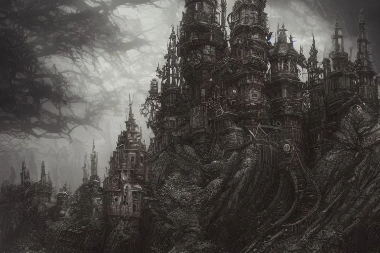 Insanely detailed steampunk castle town built around beautiful intricately detailed gnarly trees, hills, pylons, huge metal gates. in style of yoji shinkawa and hyung - tae kim, trending on artstation, dark fantasy, great composition, concept art, highly detailed, dynamic pose, vibrant detailed bio mechanical castle bridges over the ocean, fog, swampland, ocean, sparkling stormy fog, fantasy digital painting, stunning intricate details, artwork by ross tran, artgerm