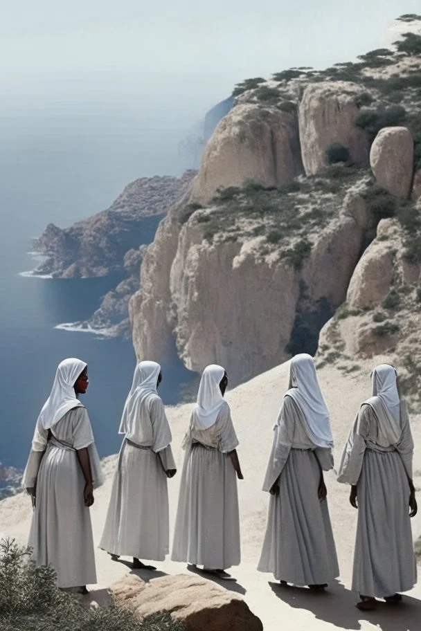 7 suore africane con tunica grigia giornata di sole precipizio fuori città uomo militare bianco giovane