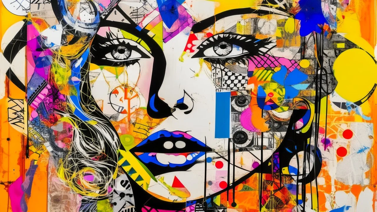 A mixed media collage featuring an abstract female figure with expressive eyes, adorned in vibrant patterns and symbols that evoke emotion., focus on face, isolated background, color splashes, scribbles, pen strokes, collage style, mixed media collage, scrapbook aesthetic, yellow-orange black purple pink white tones, vintage paper textures, hand drawn elements, playful use of shapes, bold shadows, whimsical atmosphere, textured brushstrokes, monochromatic palette, light pastel colors --ar 1:2 --
