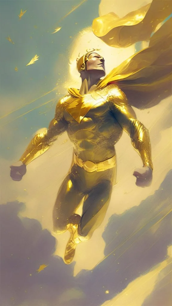 hero with golden clothes flying through the sky