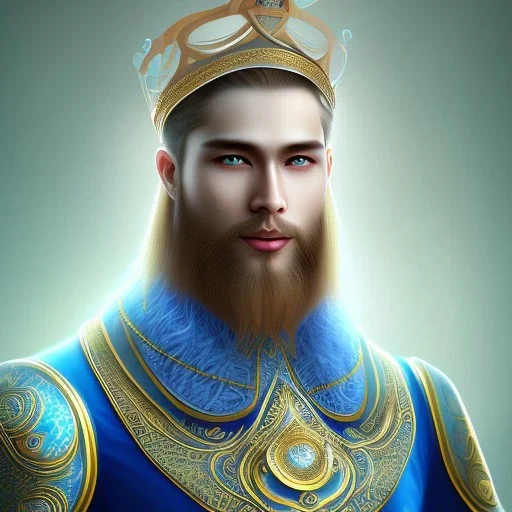 magnifique bel homme asiatique souriant ,yeux bleus,avec vetement et couronne celtique,cheveux blonds, fond bleu clair