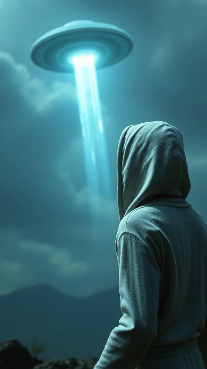 The creature from the the movie Prometheus with white hooded clothes looking at ufo in the sky