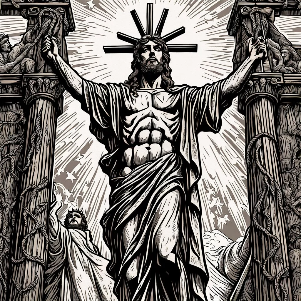 crucified on the cross christ liberty hybrid tone, american flag robes, line tone ,woodcut, engraved, wall street journal style, statue of cruicified Jesus of Liberty with a beard and wearing a cross and hanging from a cross, The statue male, hyperdetailed intricately detailed photoillustration ink drawing dystopian 8k resolution entire body of the statue is in the picture. digital illustration telephoto lens photography , same colors as the us treasury's one dollar bill, crucified"