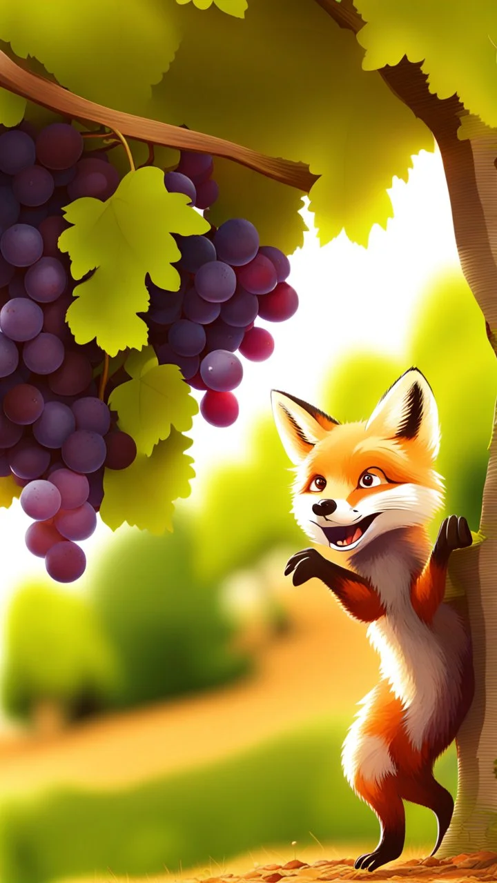 Grapes are too high on tree and on ground fox is jumping to reach the grapes