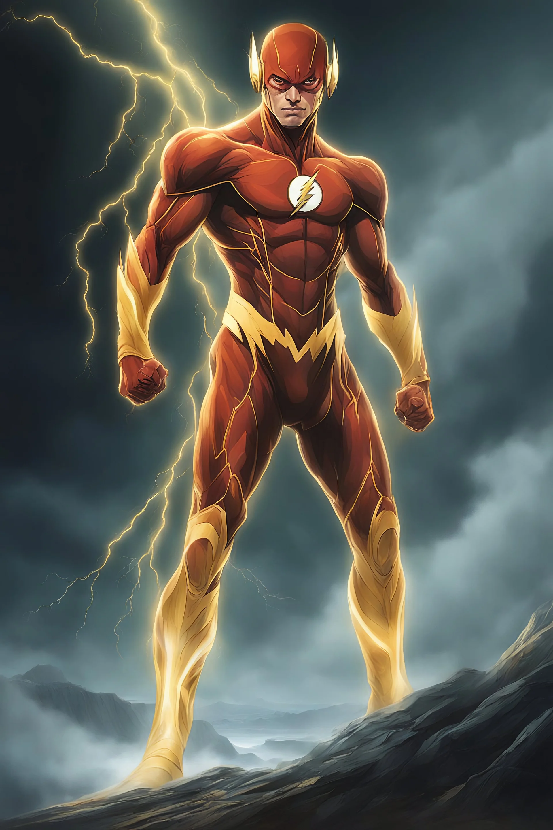 full-length portrait, extremely tall, thick, extremely muscular The Flash, gold boots, gold wrist gauntlets, glowing gold piping, extremely exaggerated muscular physique, multicolored lightning, standing on the world in outer space with his fists on his hips looking forward, multicolored fog, mist, futuristic landscape