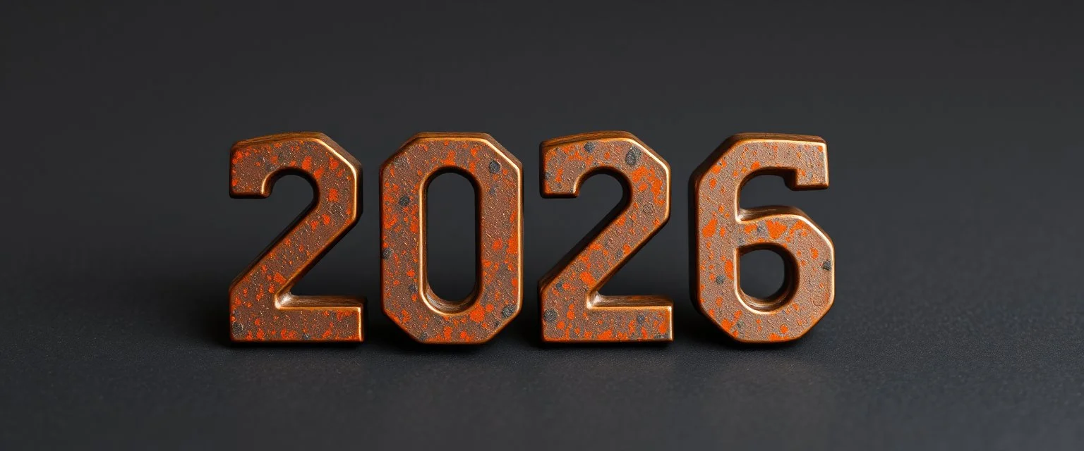 "2026" in squared block letters made of shiny and rusty metal on contrasting background