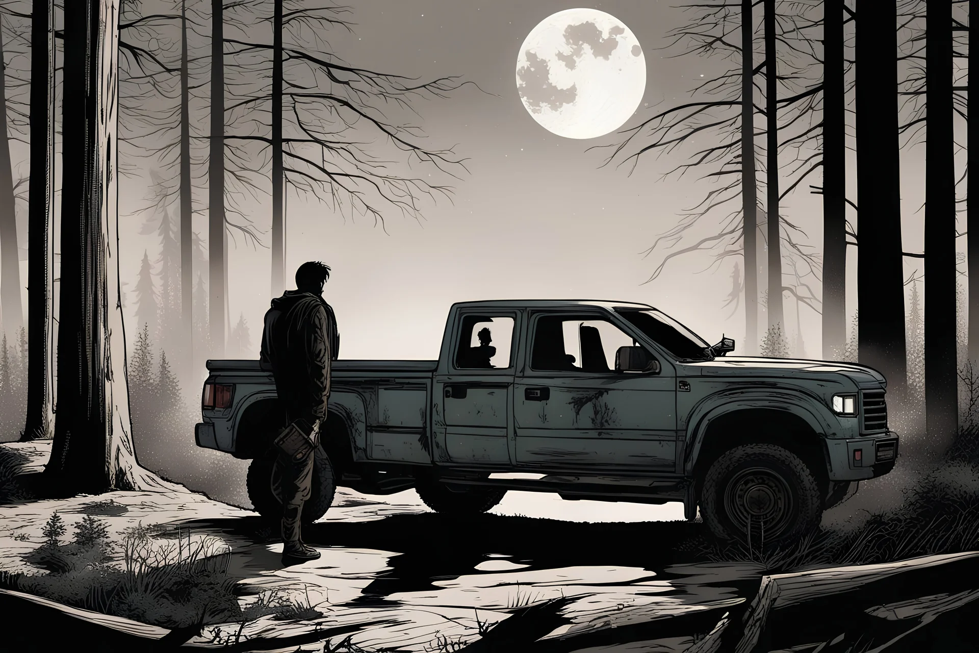 pickup truck, rear, forest, standing, silhouette, comic book,post-apocalypse, gray background, night time, cabin, tree branches,