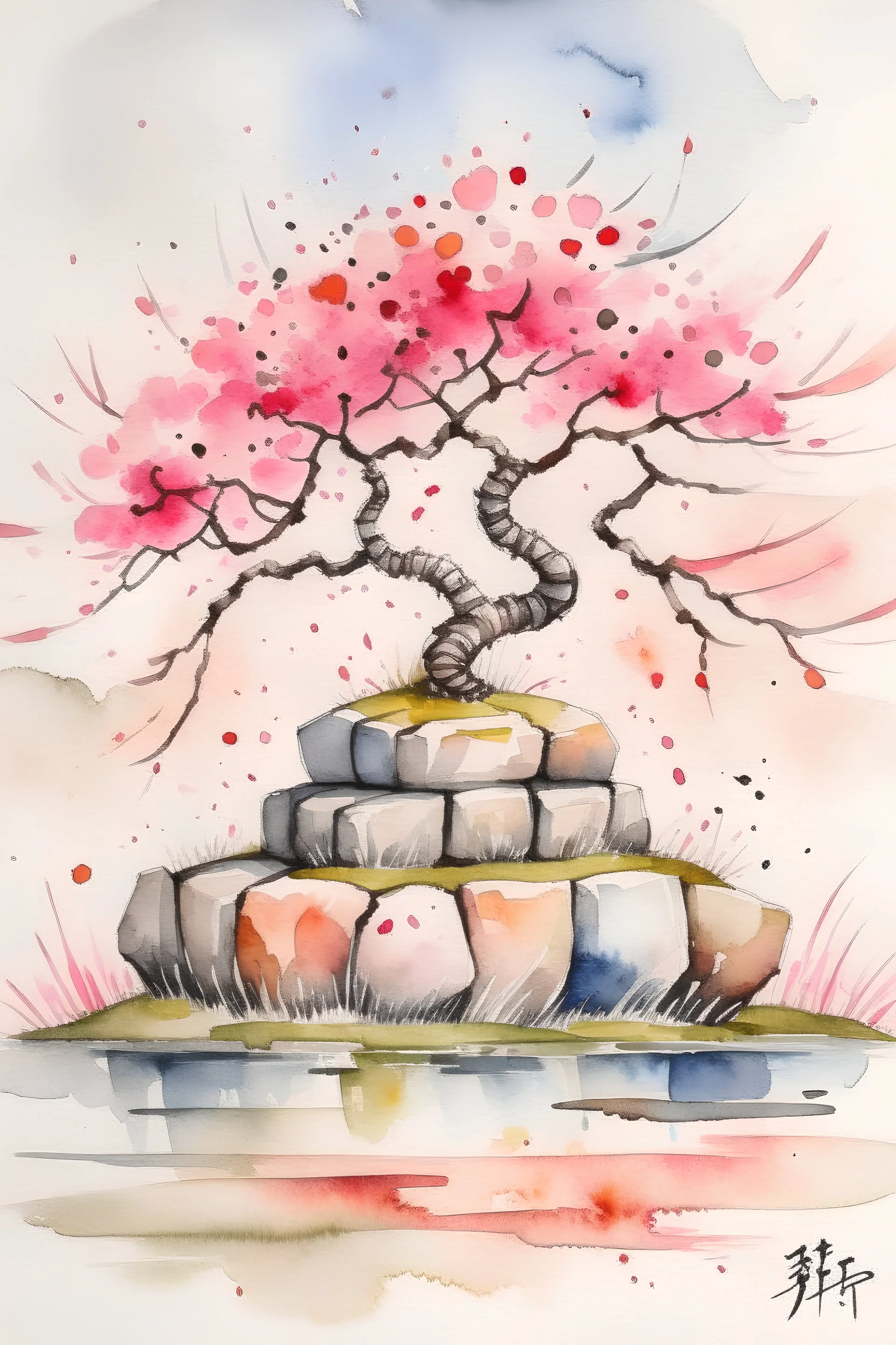 Japanese style watercolor of a Japanese garden, moss-covered stones, a delicate cherry blossom tree in bloom, realistic tones