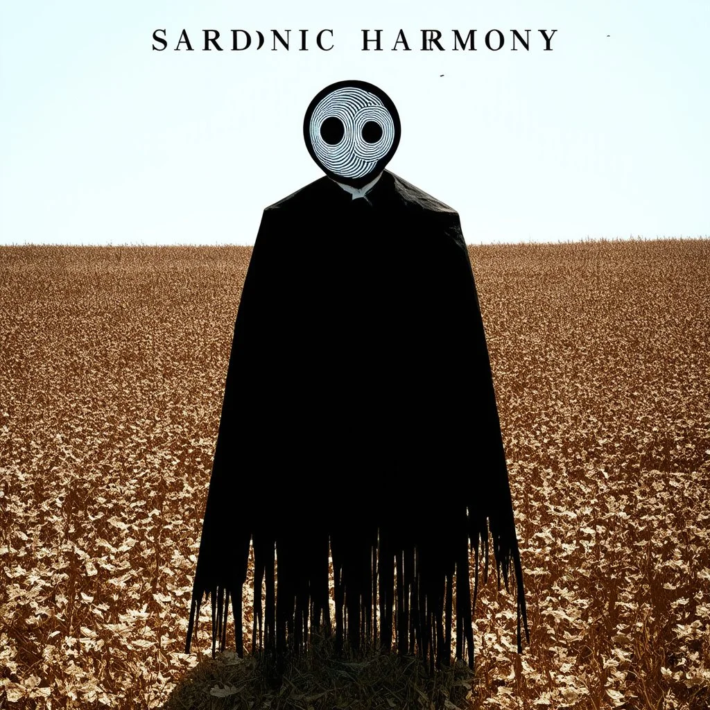 Oddball reality hack, color photograph featuring glitchy negative space, TEXT "SARDONIC HARMONY", nihilistic, sentinel anthropomorphic scarecrow-like creature with a featureless black round head with a white spiral pattern, minimalism, foreboding, background a surreal field, 'Pan's Labyrinth' style aesthetic