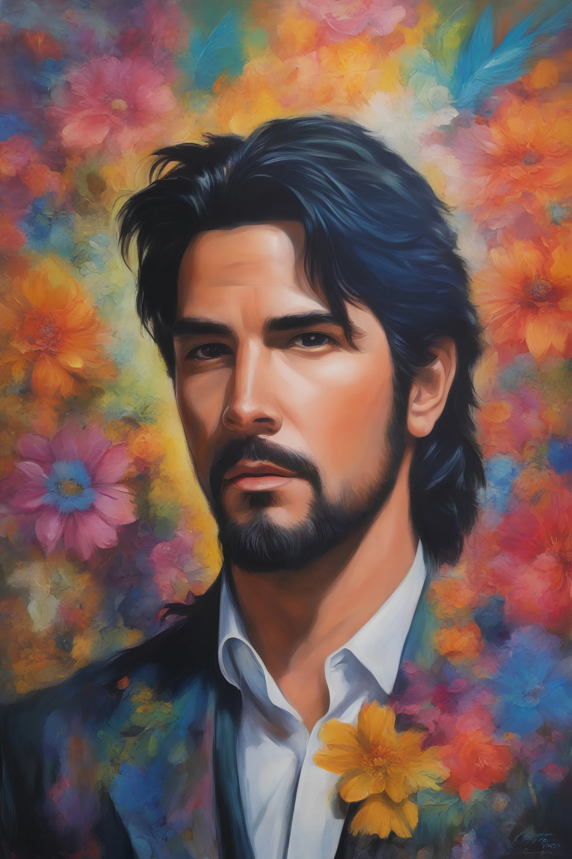 a man's face is the face of a clock, Paul Stanley/Elvis Presley/Keanu Reeves/Jon Bernthal, multicolored, large, Floral/rainbow designs, atmospheric, beautiful, oil painting by Boris Vallejo, 4k UHD, Photorealistic, professional quality